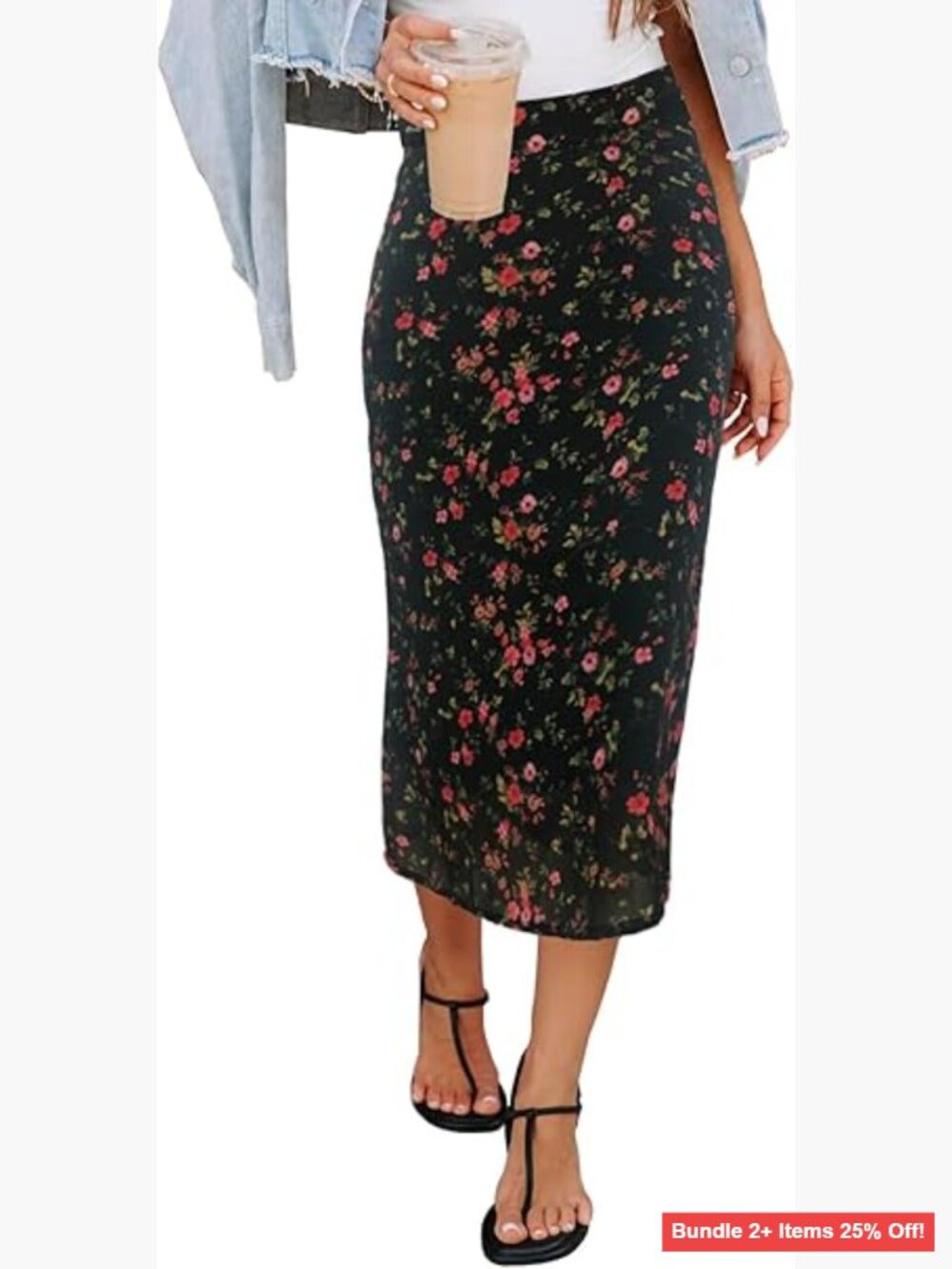 Midi Skirt with Elastic Waist Zipper Floral Print Vintage Boho Casual